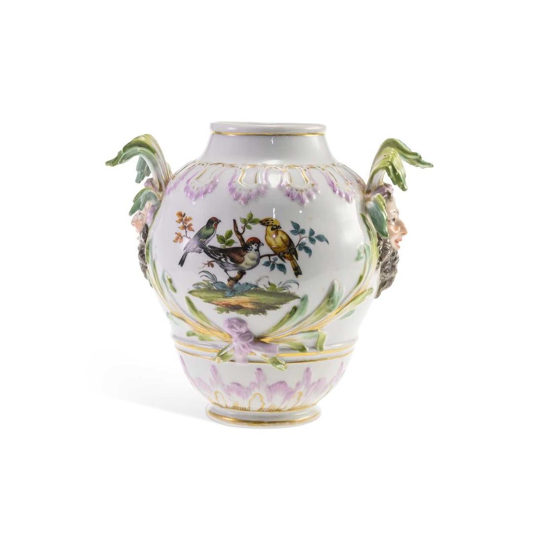 V A BERLIN PORCELAIN VASE CIRCA 1870: V A BERLIN PORCELAIN VASE CIRCA 1870 having twin mask handles, painted with a scene of birds perched in a tree, and flowers to the reverse, underglaze blue sceptre mark to the base. 21cm high