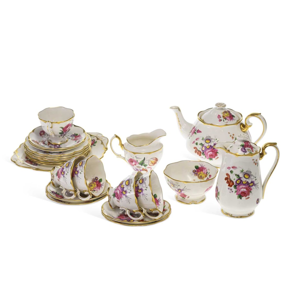 V A ROYAL ALBERT ‘LADY ANGELA’ BONE CHINA TEA SERVICE: V A ROYAL ALBERT ‘LADY ANGELA’ BONE CHINA TEA SERVICE decorated with colourful floral sprays and gilt borders, comprising a teapot and cover, hot-water pot and cover, cream jug, sugar bowl, teacup