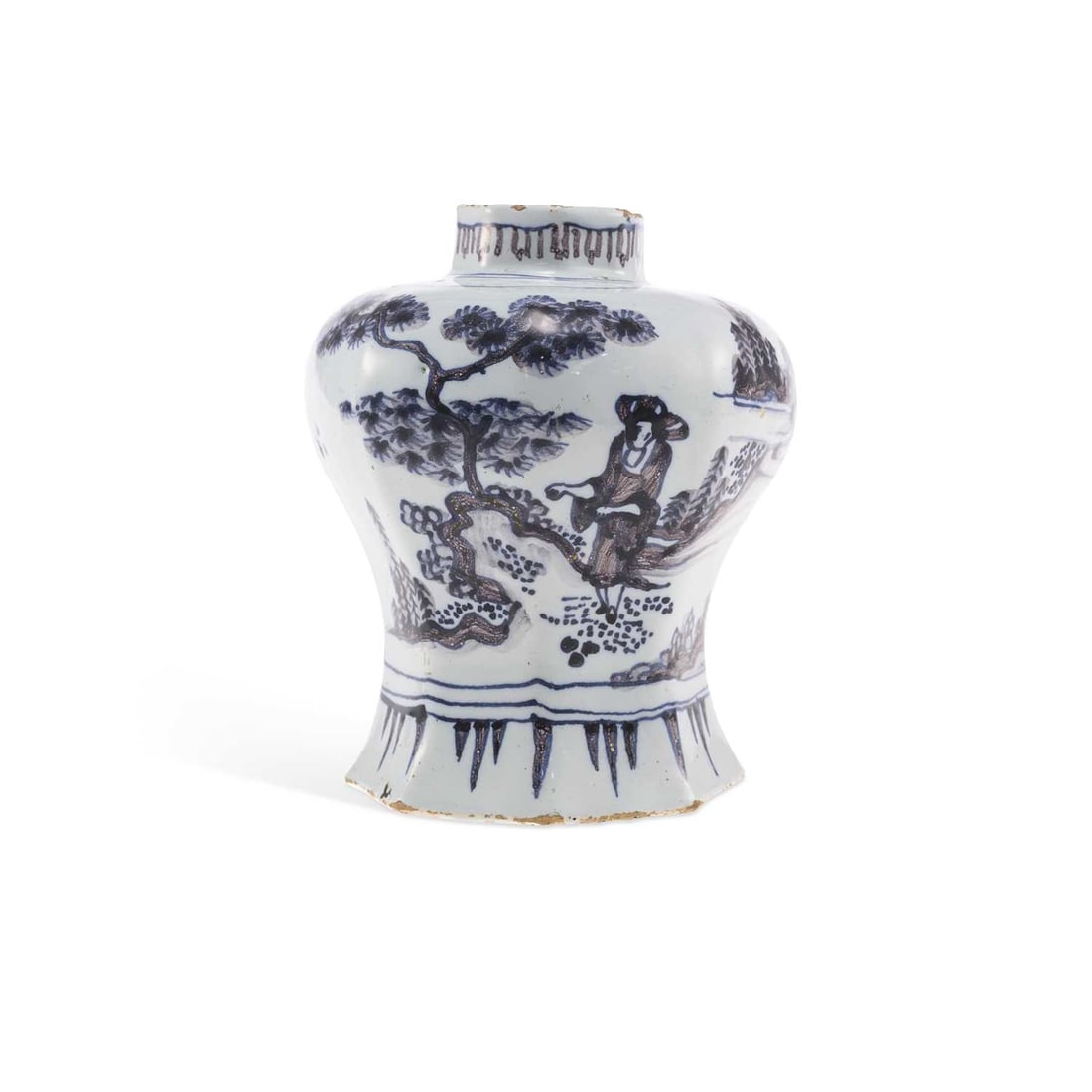 A FRANKFURT FAIENCE JAR CIRCA 1700: A FRANKFURT FAIENCE JAR CIRCA 1700 painted in manganese, with a scene of figures in a landscape, in Chinese Transitional style. 14cm high