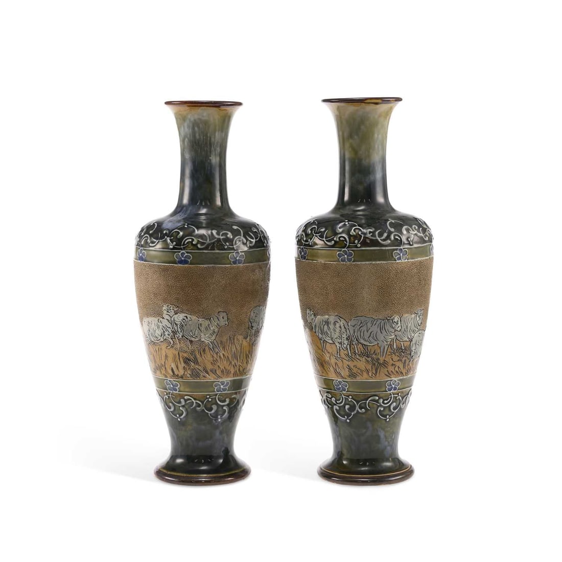 A PAIR OF DOULTON LAMBETH VASES CIRCA 1890: A PAIR OF DOULTON LAMBETH VASES CIRCA 1890 with incised decoration by Hannah Barlow, one with a dog at work with sheep, the other with sheep at rest, impressed factory marks, and incised signatures. 3