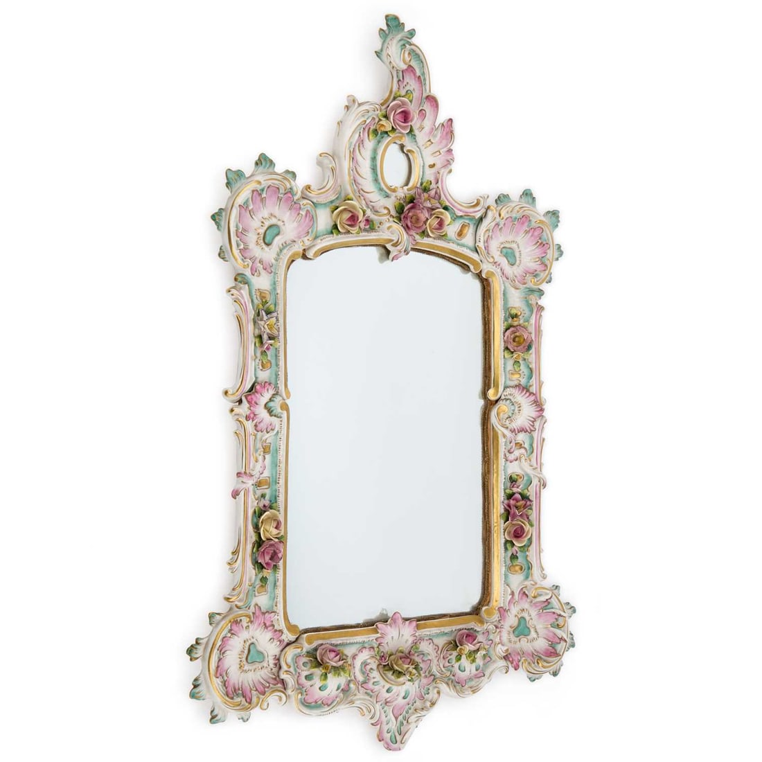 A RUDOLSTADT VOLKSTEDT PORCELAIN MIRROR CIRCA 1900: A RUDOLSTADT VOLKSTEDT PORCELAIN MIRROR CIRCA 1900 with rococo moulding and coloured in pink and turquoise, encrusted with flowers, printed factory mark to the reverse. 81cm high, 51cm wide