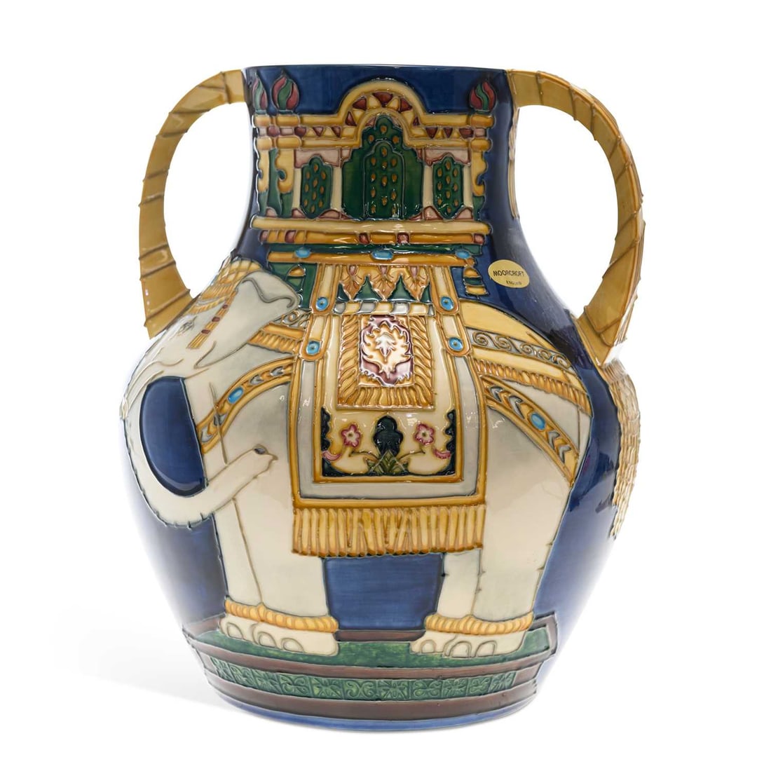 SALLY TUFFIN FOR THOMAS GOODE & CO LTD A LARGE MOORCROFT POTTERY TWO-HANDLED VASE: SALLY TUFFIN FOR THOMAS GOODE & CO LTD A LARGE MOORCROFT POTTERY TWO-HANDLED VASE 'Elephant' pattern, limited edition, factory marks and signature to base, Limited Edition To Celebrate The Centenary O