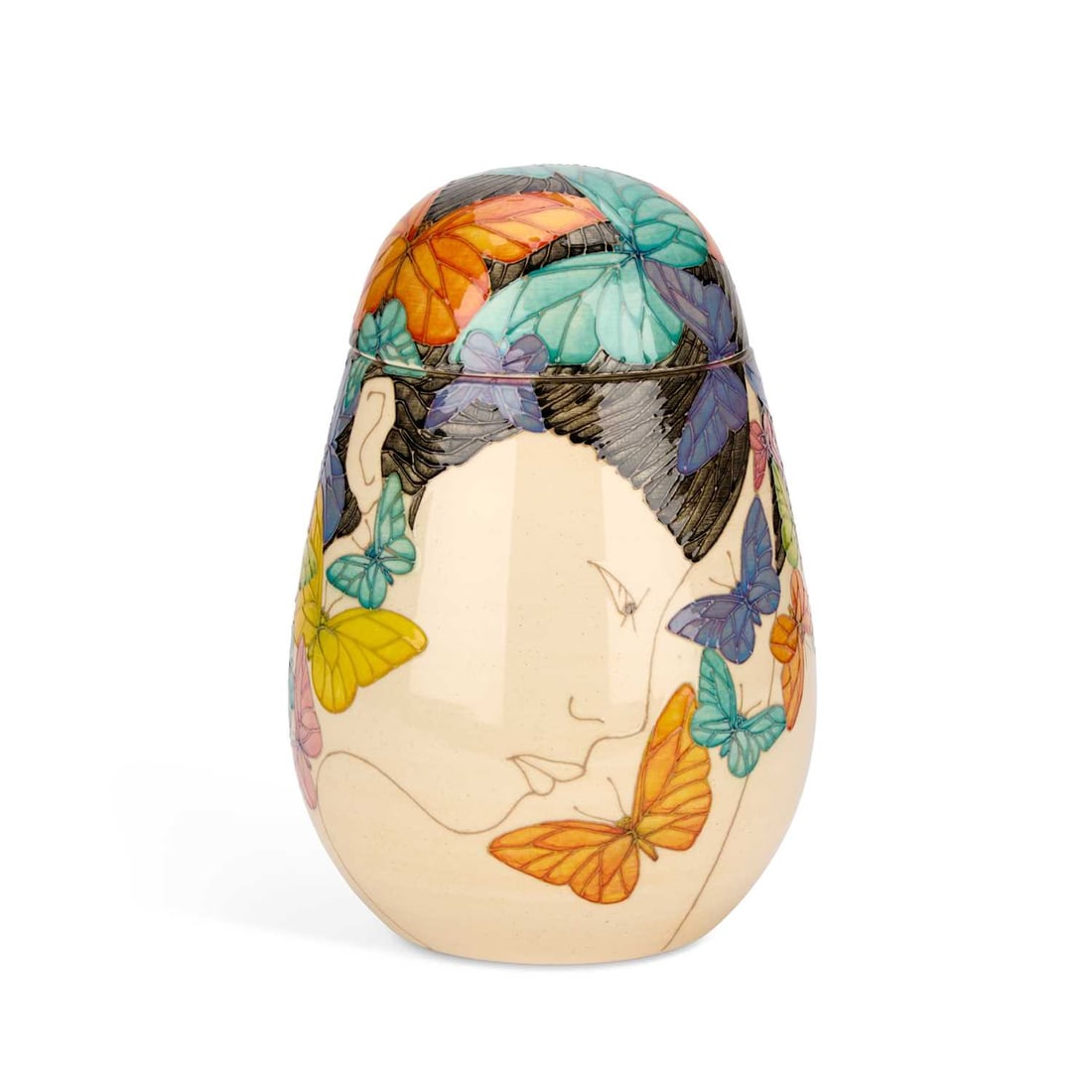 SALLY TUFFIN FOR DENNIS CHINAWORKS A 'HEAD' SHAPE JAR AND COVER: SALLY TUFFIN FOR DENNIS CHINAWORKS A 'HEAD' SHAPE JAR AND COVER in the Butterfly pattern, no. 4, painted and printed marks. 22cm high