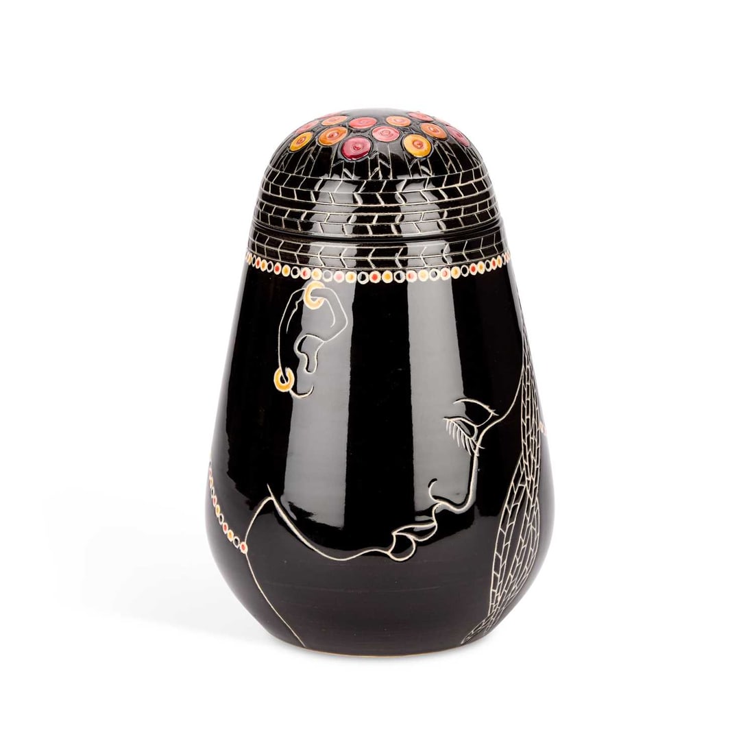 SALLY TUFFIN FOR DENNIS CHINAWORKS A 'HEAD' SHAPE JAR AND COVER: SALLY TUFFIN FOR DENNIS CHINAWORKS A 'HEAD' SHAPE JAR AND COVER in the Fulani pattern, no. 11, painted and printed marks. 22cm high