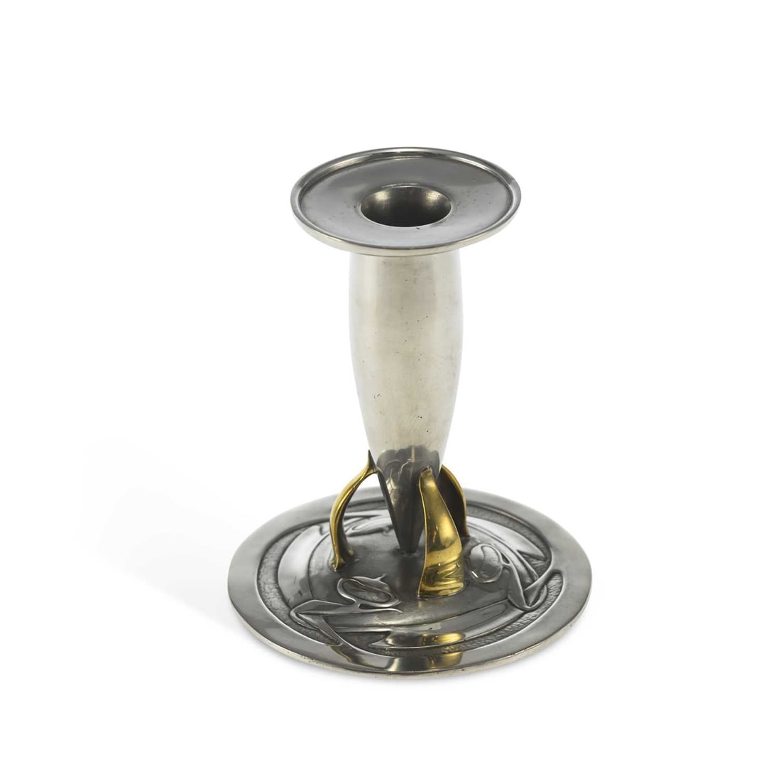 ARCHIBALD KNOX (1864-1933) FOR LIBERTY & CO A TUDRIC PEWTER AND GILT METAL CANDLESTICK: ARCHIBALD KNOX (1864-1933) FOR LIBERTY & CO A TUDRIC PEWTER AND GILT METAL CANDLESTICK rare variation, the torpedo-shaped stem with a wide drip-pan, raised on tripod gilded feet issuing from a shallow