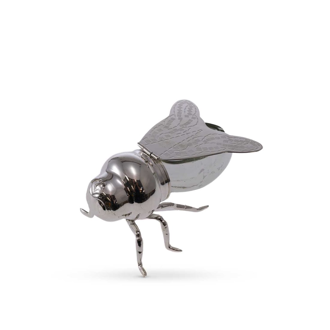 A JAMES DIXON & SONS ELECTROPLATED AND GLASS NOVELTY BEE HONEY POT: A JAMES DIXON & SONS ELECTROPLATED AND GLASS NOVELTY BEE HONEY POT stamped maker’s and EPNS marks, the clear glass abdomen fitted with a plated head and articulated legs, the hinged wings engraved