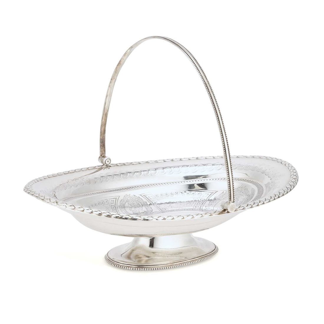 AN EDWARDIAN SILVER-PLATED CAKE BASKET: AN EDWARDIAN SILVER-PLATED CAKE BASKET of oval form with a swing handle. 31cm long