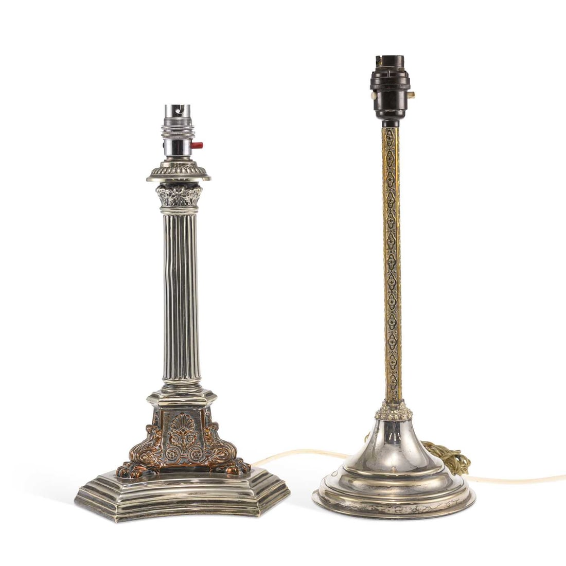 TWO SILVER-PLATED TABLE LAMPS LATE 19TH/ EARLY 20TH CENTURY: TWO SILVER-PLATED TABLE LAMPS LATE 19TH/ EARLY 20TH CENTURY the first issuing a tall slender brass column with quatrefoil decoration from a stepped circular foot, stamped 'Mappin & Webb's Prince's