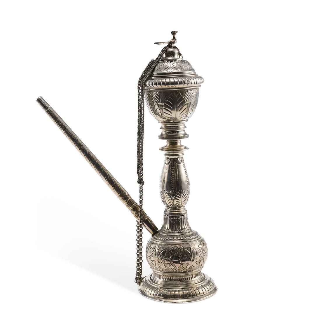 AN INDIAN SILVER HOOKA PIPE: AN INDIAN SILVER HOOKA PIPE apparently unmarked, of rounded form, embossed decoration in repeating leaf and flowerhead pattern, with peacock finial. 31cm high