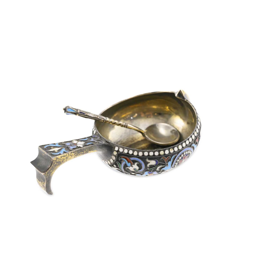 A RUSSIAN SILVER-GILT AND ENAMEL KOVSH AND SPOON (1 of 2)