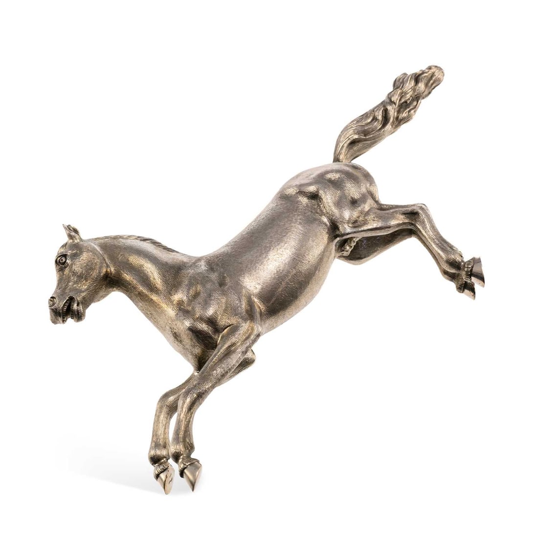 AN ITALIAN SILVER MODEL OF A REARING STALLION: AN ITALIAN SILVER MODEL OF A REARING STALLION 20th Century, marked 800, the horse naturalistically modelled standing on hind legs. 22cm high, 36 troy ounces