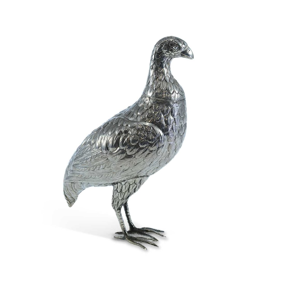 A GERMAN SILVER NOVELTY DECANTER IN THE FORM OF A GAME BIRD OR PARTRIDGE: A GERMAN SILVER NOVELTY DECANTER IN THE FORM OF A GAME BIRD OR PARTRIDGE Hanau, early 20th century, realistically modelled with feathers in a standing pose, with removable head cover. 20cm high, 10.4