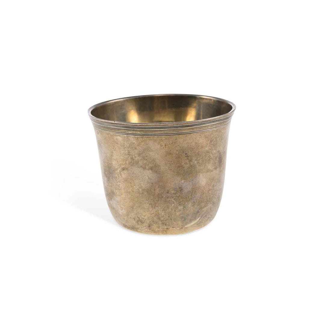 A FRENCH SILVER TUMBLER CUP: A FRENCH SILVER TUMBLER CUP 18th century, variously marked to base, of tapering cylindrical form, with a reeded rim and engraved with a monogram. 5.5cm high, 1.5 troy ounces
