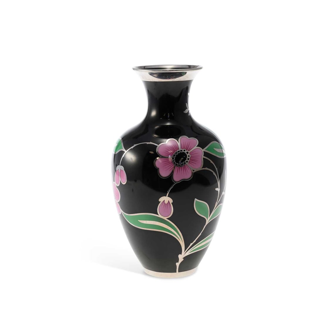 AN EDELSTEIN BAVARIA PORCELAIN AND SILVER-OVERLAY VASE: AN EDELSTEIN BAVARIA PORCELAIN AND SILVER-OVERLAY VASE of baluster form, decorated with pink flowers and green foliage against a black ground, with silver-overlay stems, borders and rims, printed fact