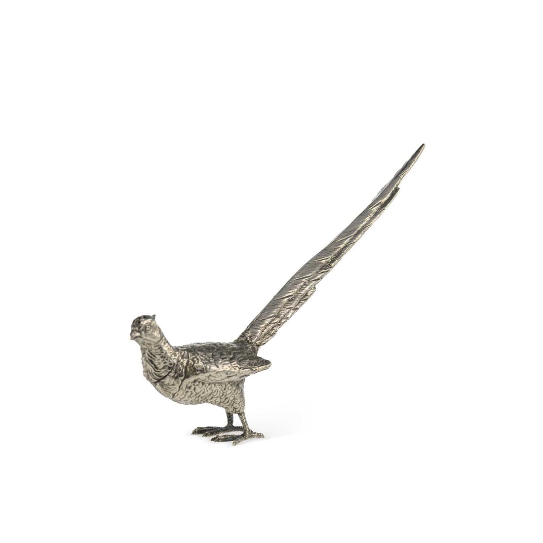 AN ELIZABETH II NOVELTY SILVER PHEASANT PEPPER POT: AN ELIZABETH II NOVELTY SILVER PHEASANT PEPPER POT makers mark LAG, London 1977, Jubilee hallmarked, pierced head, modelled with tail aloft. 17cm by 24cm by 5cm, 9.6 troy ounces