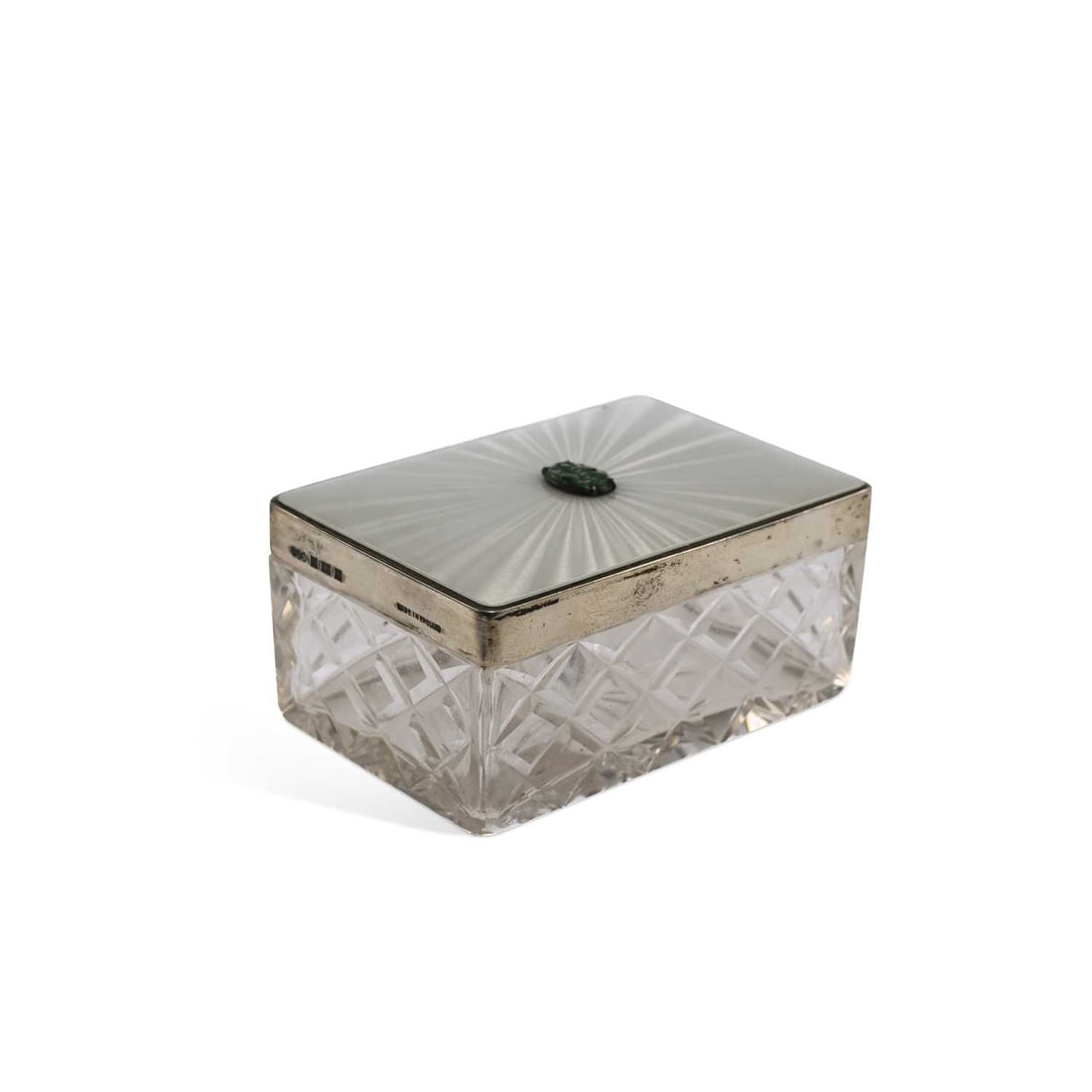 AN ELIZABETH II SILVER AND ENAMEL LIDDED CUT-GLASS DRESSING TABLE BOX (1 of 5)