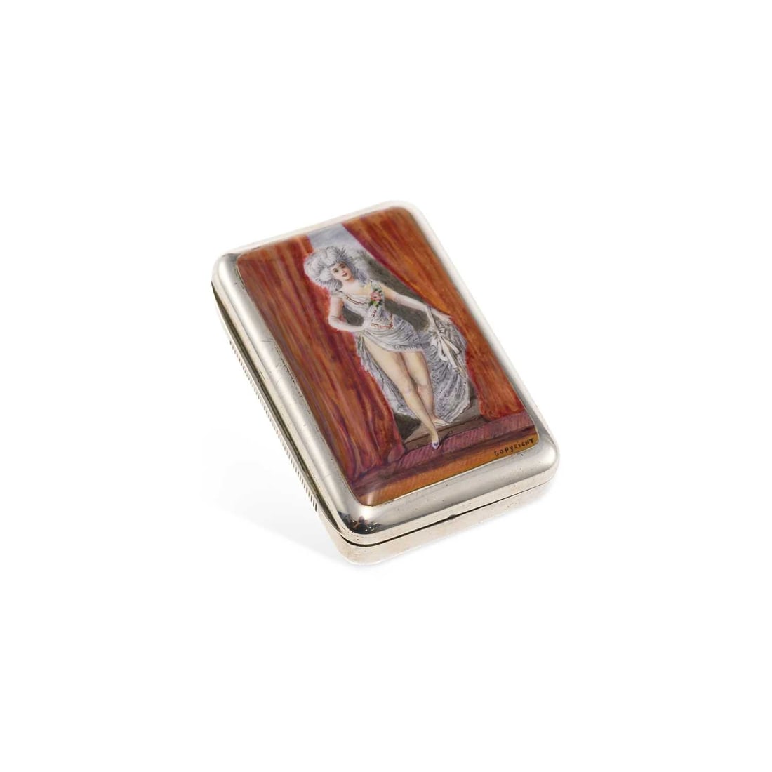 A LATE VICTORIAN SILVER AND ENAMEL VESTA CASE: A LATE VICTORIAN SILVER AND ENAMEL VESTA CASE by George Heath, London 1888, of rectangular form with a hinged cover, the front inset with a hand painted enamel panel featuring an actress in 18th