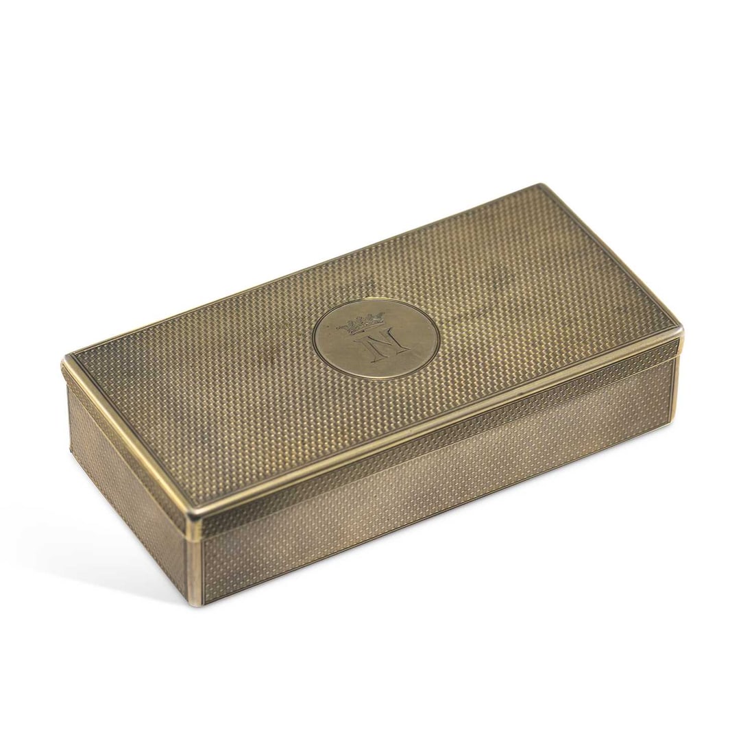 A VICTORIAN SILVER SANDWICH BOX: A VICTORIAN SILVER SANDWICH BOX by Frederic Purnell, London 1871, of rectangular form with a hinged cover, engine-turned decoration throughout, the lid engraved with 'N' surmounted by a coronet, gilt 