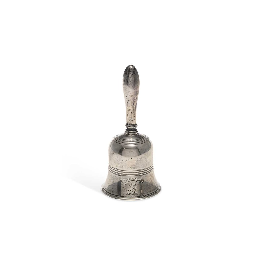 A VICTORIAN SILVER TABLE BELL: A VICTORIAN SILVER TABLE BELL by Samuel Hayne & Dudley Cater, London 1848, of conventional form, with a reeded band. 14cm high, 4.8 troy ounces