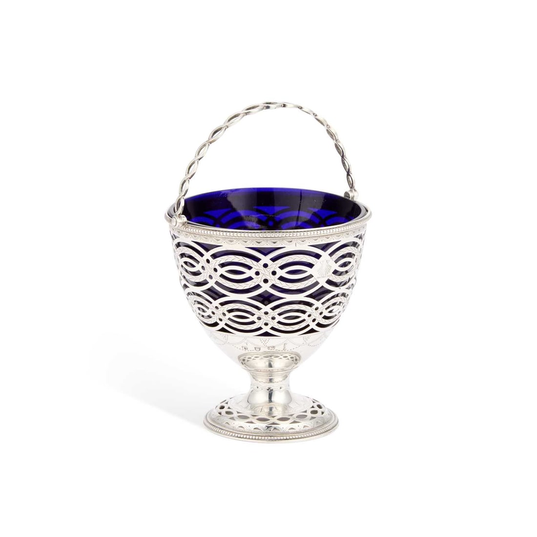 A GEORGE III SILVER SUGAR BASKET: A GEORGE III SILVER SUGAR BASKET by William Plummer, London 1778, of tapering form with pierced and rounded sides, an openwork swing handle, domed pierced foot and bead borders, engraved with a crest,