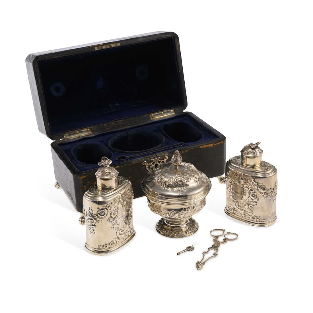 A GEORGE II CASED PAIR OF SILVER TEA CADDIES, COVERED SUGAR BOWL AND SUGAR NIPS: A GEORGE II CASED PAIR OF SILVER TEA CADDIES, COVERED SUGAR BOWL AND SUGAR NIPS the caddies and bowl by Samuel Taylor, London 1747, with a pair of sugar nips marked I.H (possibly by John Holloway) Lon