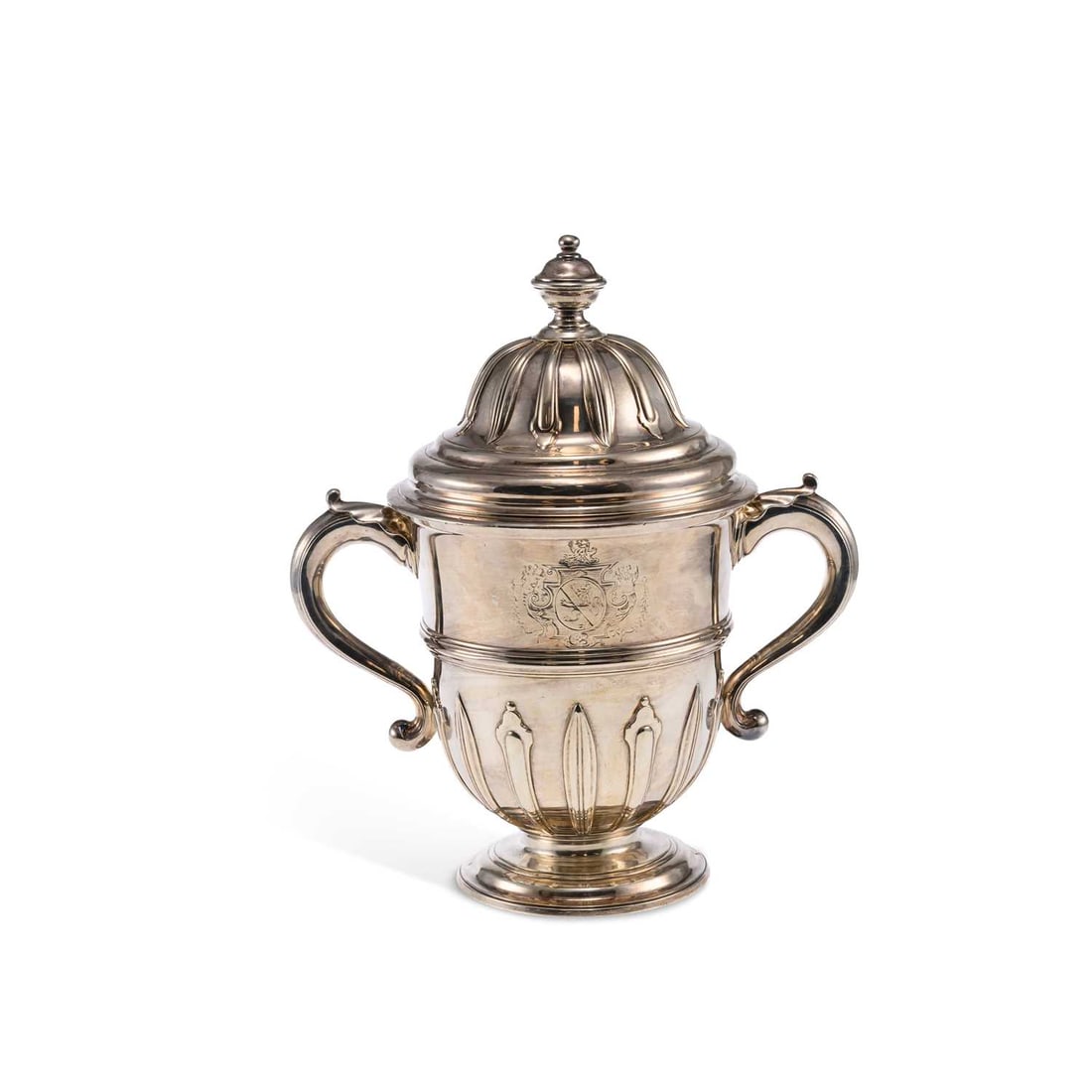 A GEORGE II LARGE SILVER TWO-HANDLED CUP AND COVER: A GEORGE II LARGE SILVER TWO-HANDLED CUP AND COVER makers mark 'WI', London 1728, Britannia standard mark and lions head, of circular form with a domed cover, the cover and lower half with raised deco