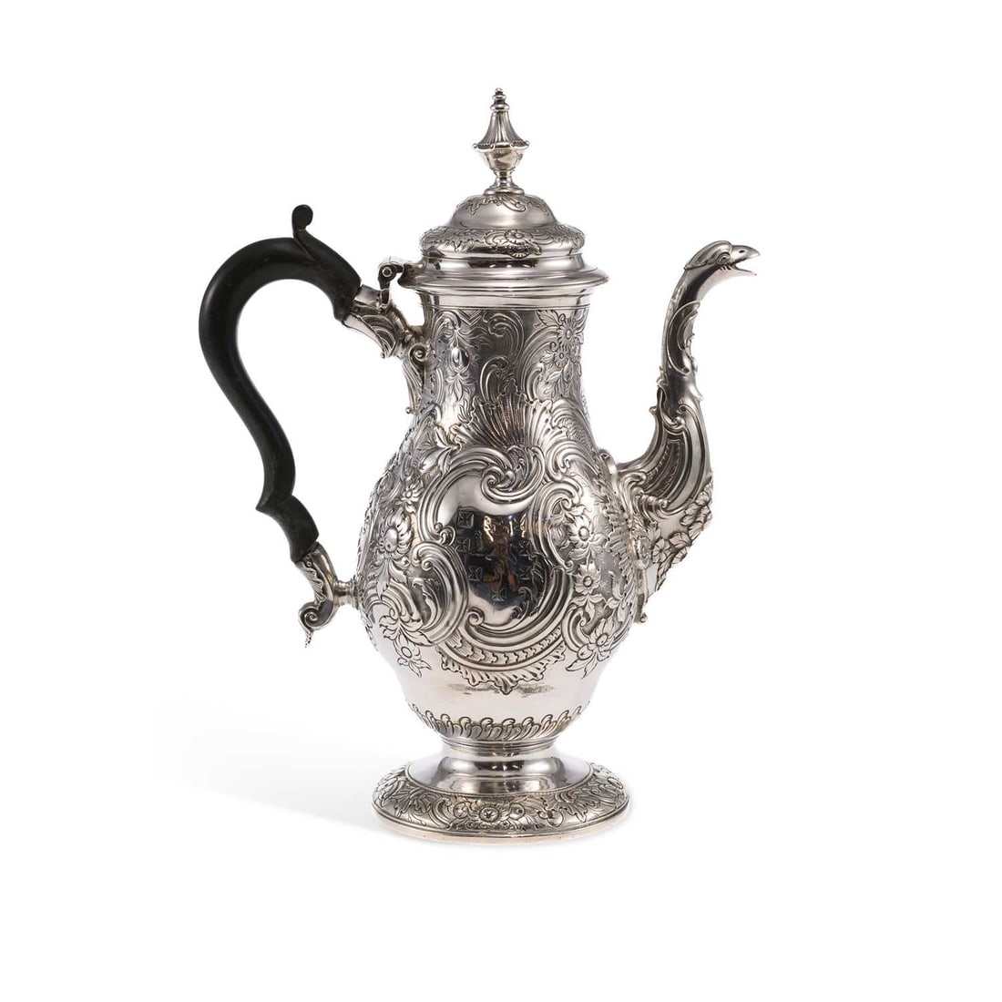NEWCASTLE: A GEORGE II SILVER COFFEE POT: NEWCASTLE: A GEORGE II SILVER COFFEE POT by William Partis, Newcastle 1757-8, of baluster form, chased profusely with fruit and foliate scroll pattern, the spout in the form of a bird's head with an o