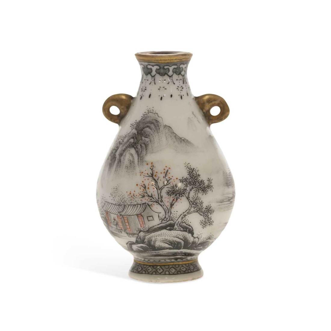 A CHINESE PORCELAIN SNUFF BOTTLE CIRCA 1900: A CHINESE PORCELAIN SNUFF BOTTLE CIRCA 1900 finely painted en grisaille with buildings in a mountainous river landscape, having gilt elephant head handles, iron-red four character Qianlong Nian Zhi ma