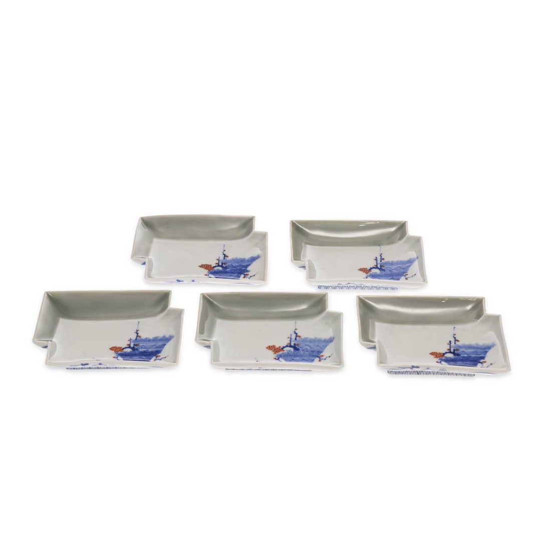 A SET OF FIVE JAPANESE FUKAGAWA PORCELAIN DISHES MEIJI PERIOD: A SET OF FIVE JAPANESE FUKAGAWA PORCELAIN DISHES MEIJI PERIOD painted with baskets of flowering plants, in Kakiemon style, the underside with karakusa scrolls, painted mark to the bases. (5) 13.5cm wi