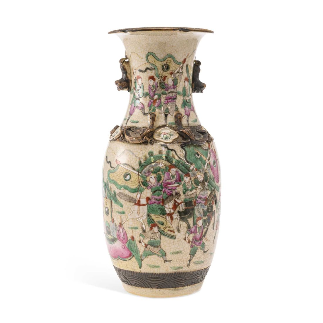 A CHINESE CRACKLE GLAZE VASE CIRCA 1890: A CHINESE CRACKLE GLAZE VASE CIRCA 1890 decorated with warriors fighting, in famille rose enamels, on a crackle glazed ground, with having lion dog handles. 37cm high