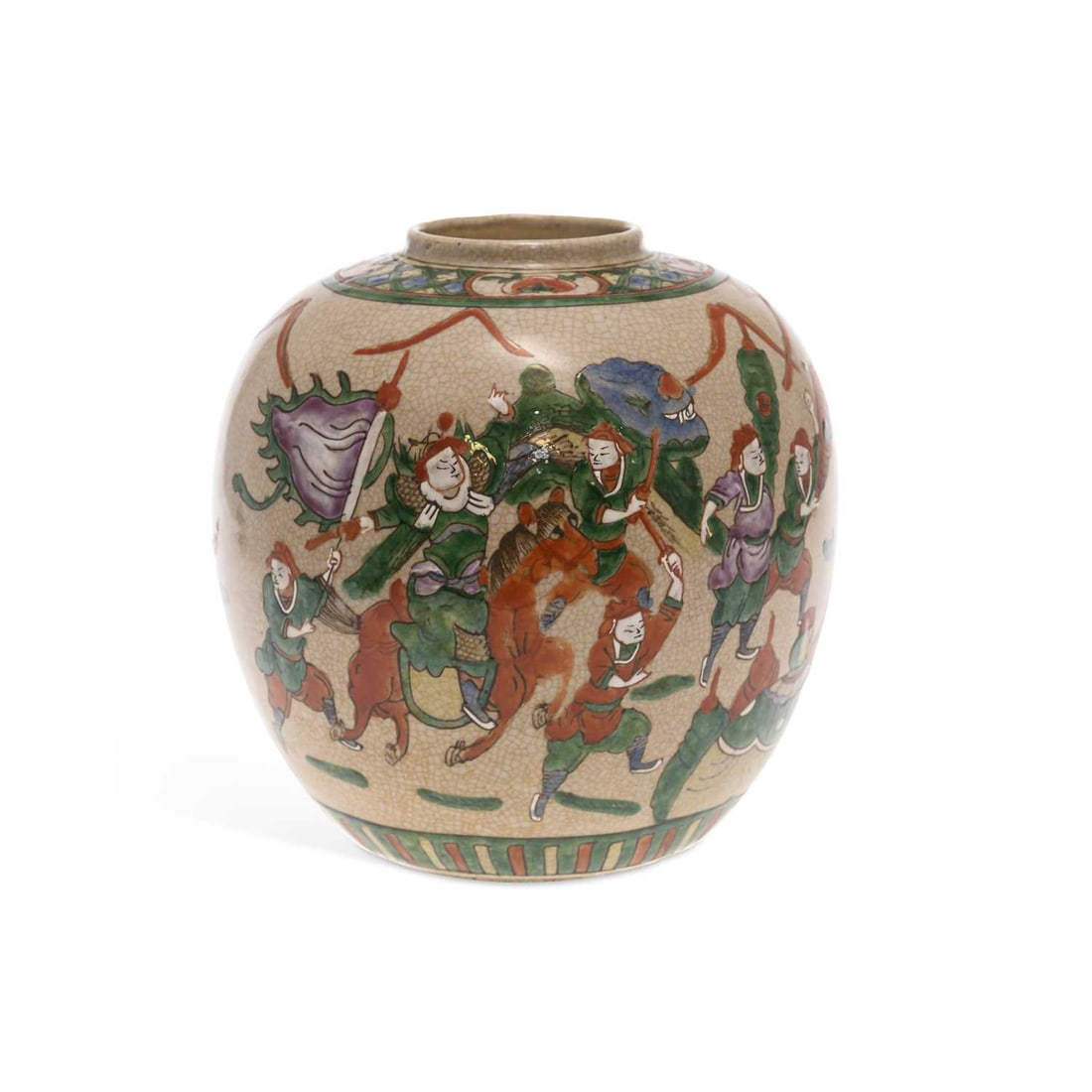A CHINESE FAMILLE VERTE CRACKLE-GLAZED JAR: A CHINESE FAMILLE VERTE CRACKLE-GLAZED JAR of ovoid form, painted with warriors on horseback in a battle scene, within patterned borders, bearing an apocryphal four-character Chenghua mark. 20cm high