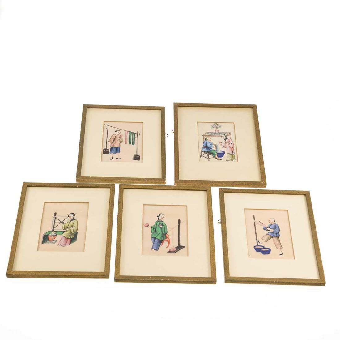 A SET OF FIVE CHINESE PITH PAINTINGS 19TH CENTURY: A SET OF FIVE CHINESE PITH PAINTINGS 19TH CENTURY each image depicting people at everyday pursuits, framed and glazed. 27cm high by 22cm wide
