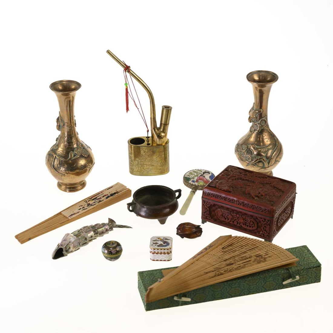 A GROUP OF ASIAN ART: A GROUP OF ASIAN ART including a Chinese bronze censer, with twin handles and raised on three feet, seal mark to the underside; a Chinese carved cinnabar box; a Japanese netsuke carved as four fish; e
