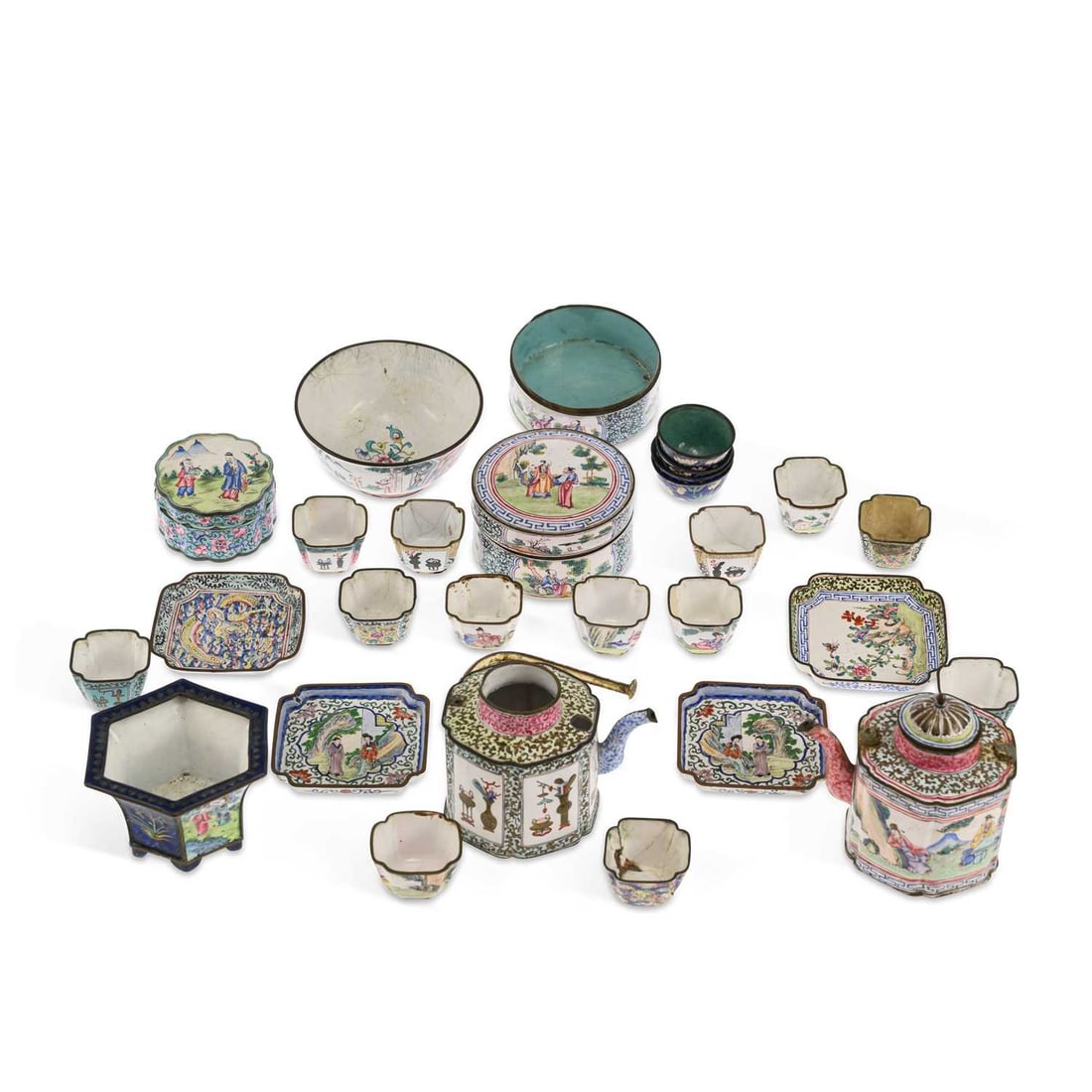 A GROUP OF CHINESE CANTON ENAMEL WARES QING DYNASTY: A GROUP OF CHINESE CANTON ENAMEL WARES QING DYNASTY comprising of two 18th Century enamelled teapots; a tiered box and cover; a small blue ground jardinière with silver inlay; an 18th Century tea bow
