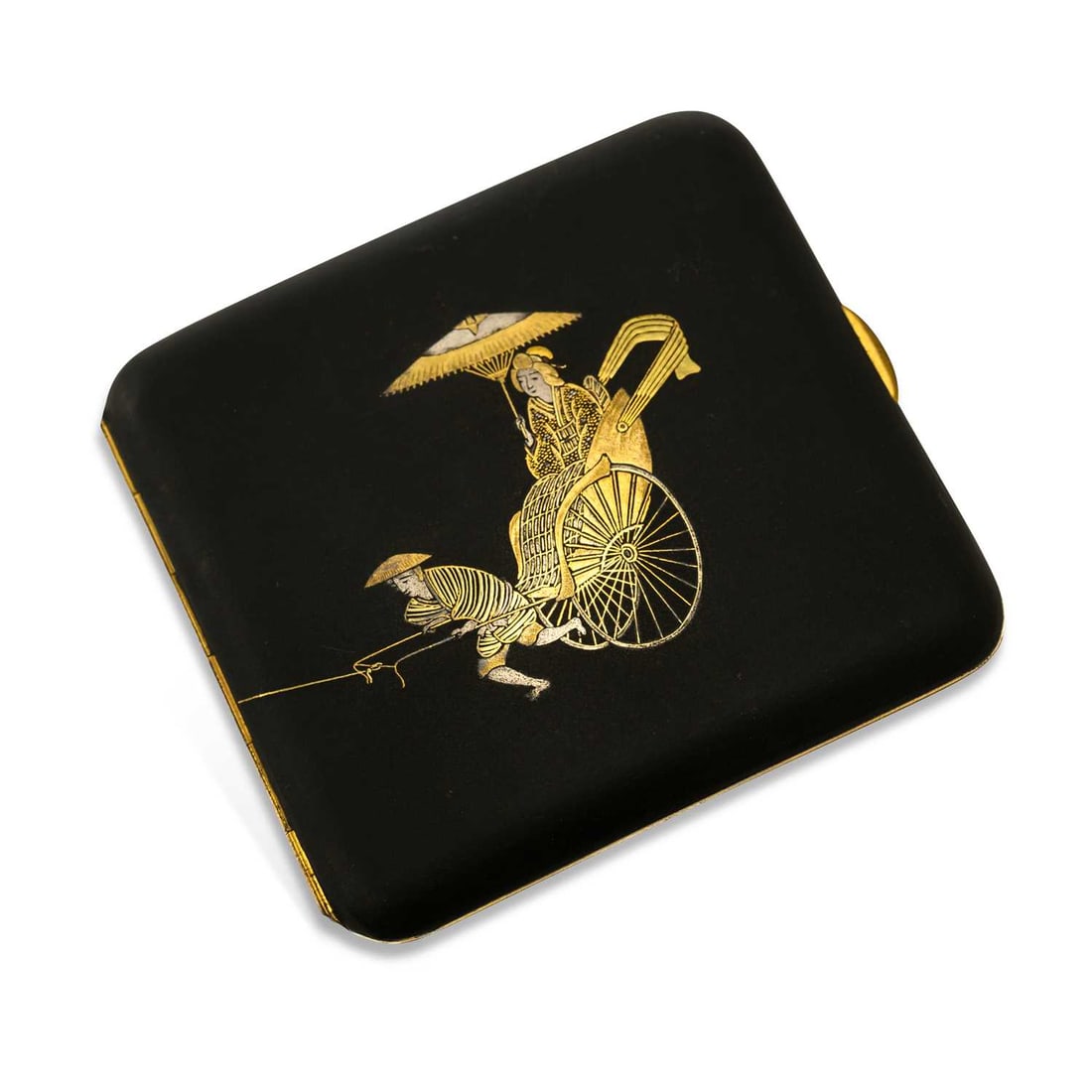 A JAPANESE DAMASCENE CIGARETTE CASE 20TH CENTURY: A JAPANESE DAMASCENE CIGARETTE CASE 20TH CENTURY of rounded square form with a hinged cover, decorated in silver and gold with a figural scene of attendants pulling a female figure seated in a ricksha