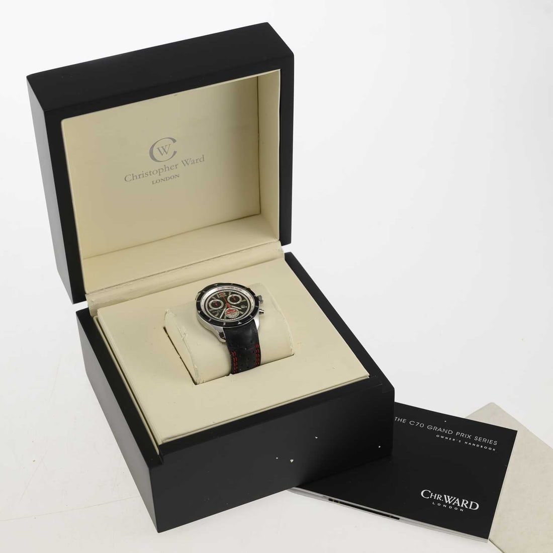 A GENTS CHRISTOPHER WARD LIMITED EDITION QUARTZ CHRONOGRAPH STRAP WATCH: A GENTS CHRISTOPHER WARD LIMITED EDITION QUARTZ CHRONOGRAPH STRAP WATCH the circular black dial signed Christopher Ward London Rallye Monte Carlo, with baton indices and an Arabic numeral at 12