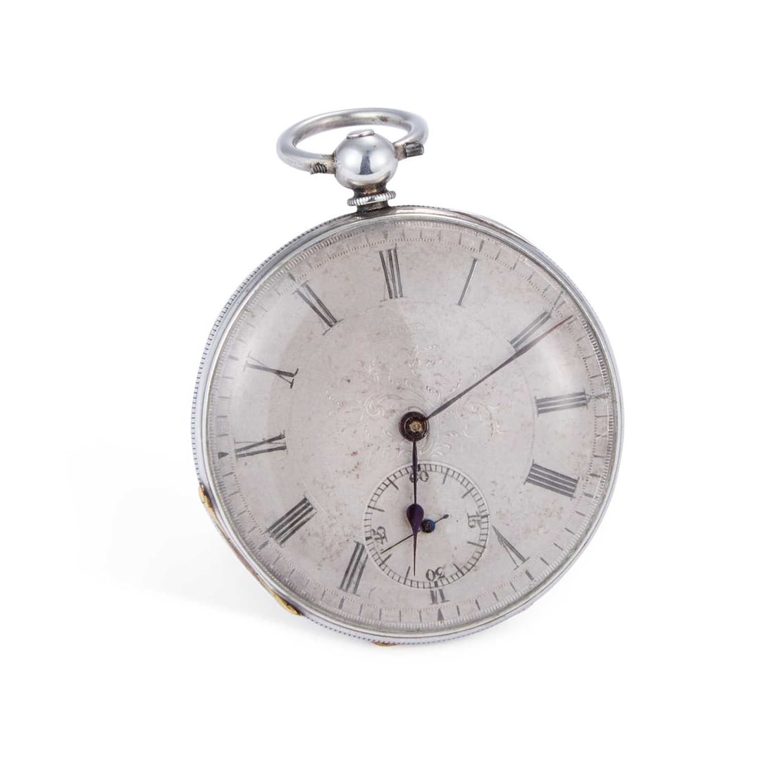 A SLIMLINE OPEN FACED POCKET WATCH: A SLIMLINE OPEN FACED POCKET WATCH the silvered dial with Roman indices and outer minute track, sub-seconds dial at the 6 o'clock position, blued steel hands, engine-turned rear cover with a vacant