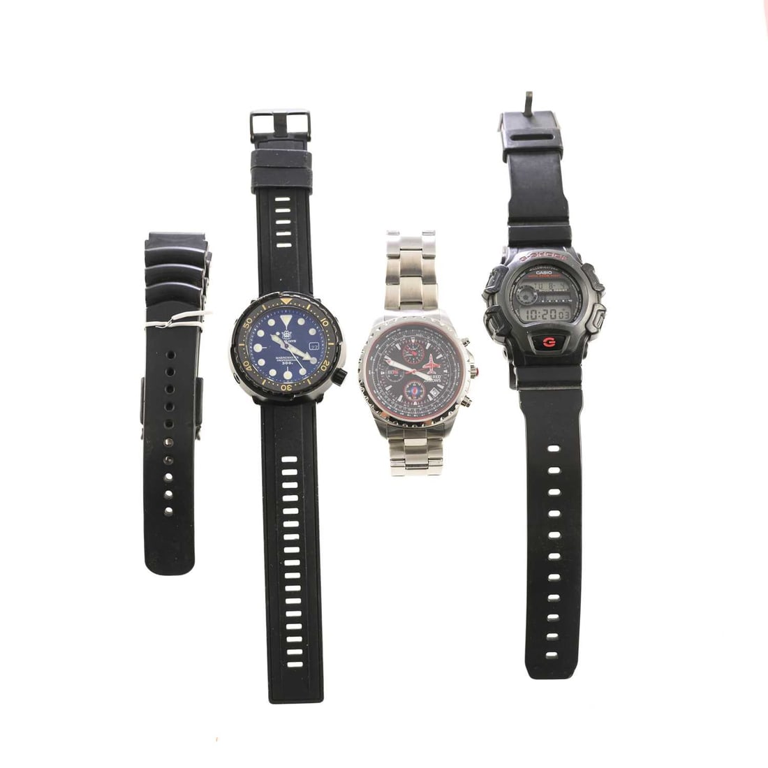 A GENTS STEEL RED ARROWS WATCH AND TWO OTHERS: A GENTS STEEL RED ARROWS WATCH AND TWO OTHERS the circular black dial signed Red Arrows, with baton indices and luminous hands, date aperture at the 4/ 5 o'clock position, integral three-row bracelet,