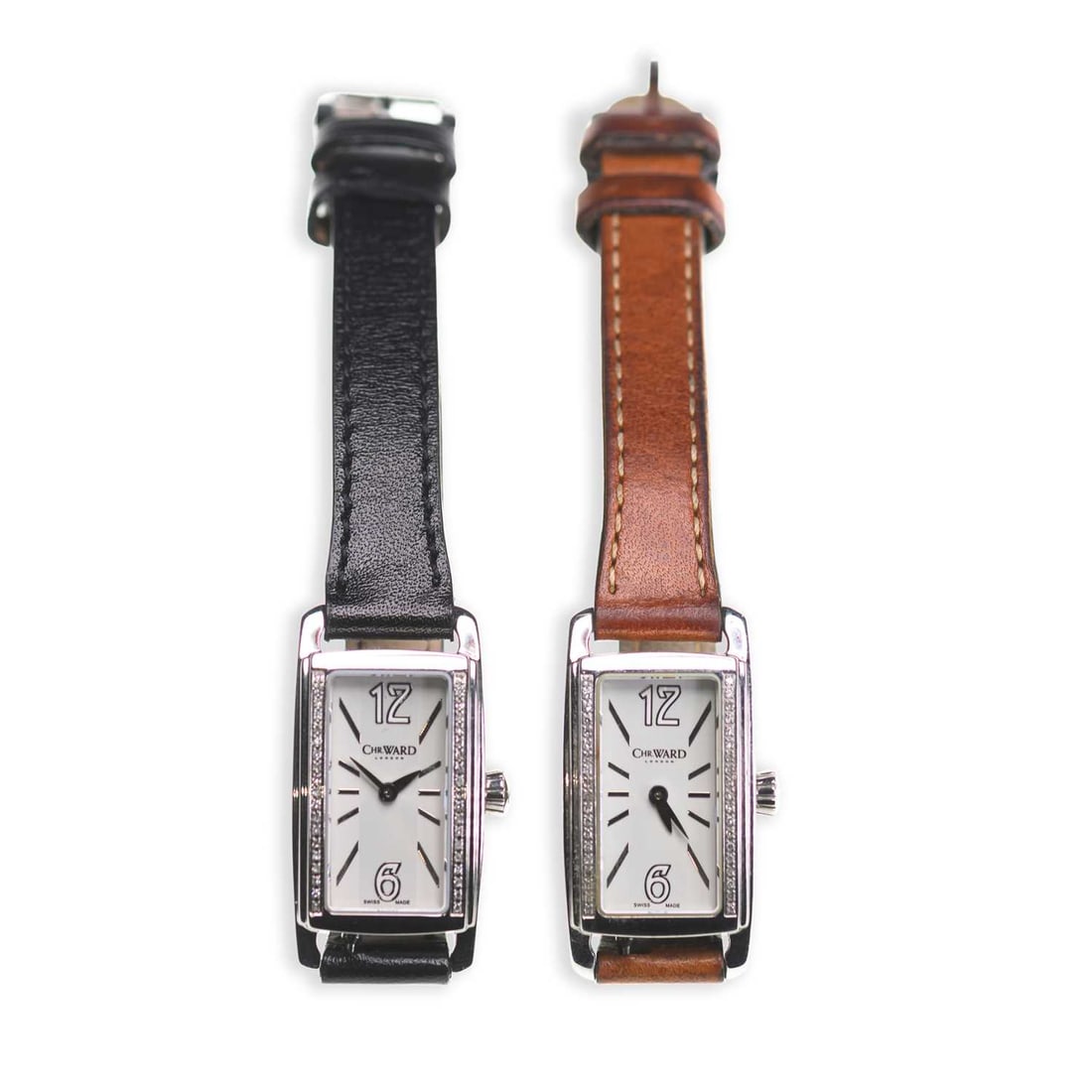 TWO LADY'S CHRISTOPER WARD STRAP WATCHES: TWO LADY'S CHRISTOPER WARD STRAP WATCHES both rectangular silvered dials signed Christopher Ward, with Arabic and baton indices and sword hands, the rectangular cases with white stones to the sides, q