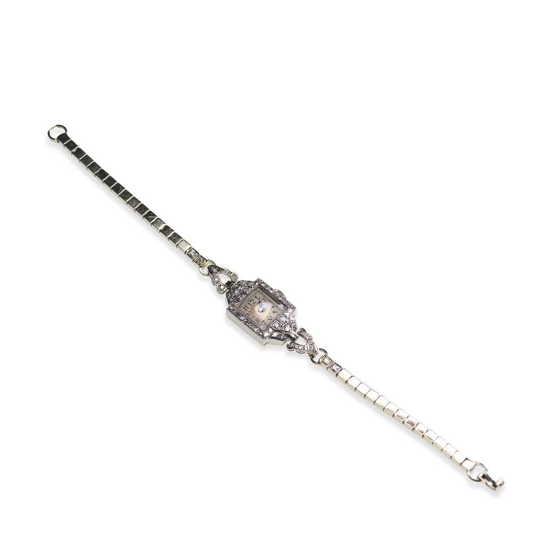 A LADY'S PLATINUM AND DIAMOND HAMILTON BRACELET WATCH: A LADY'S PLATINUM AND DIAMOND HAMILTON BRACELET WATCH the square silvered dial signed Hamilton, with Arabic indices and outer minute track, blued steel hands, square-case with decorated lugs set with 