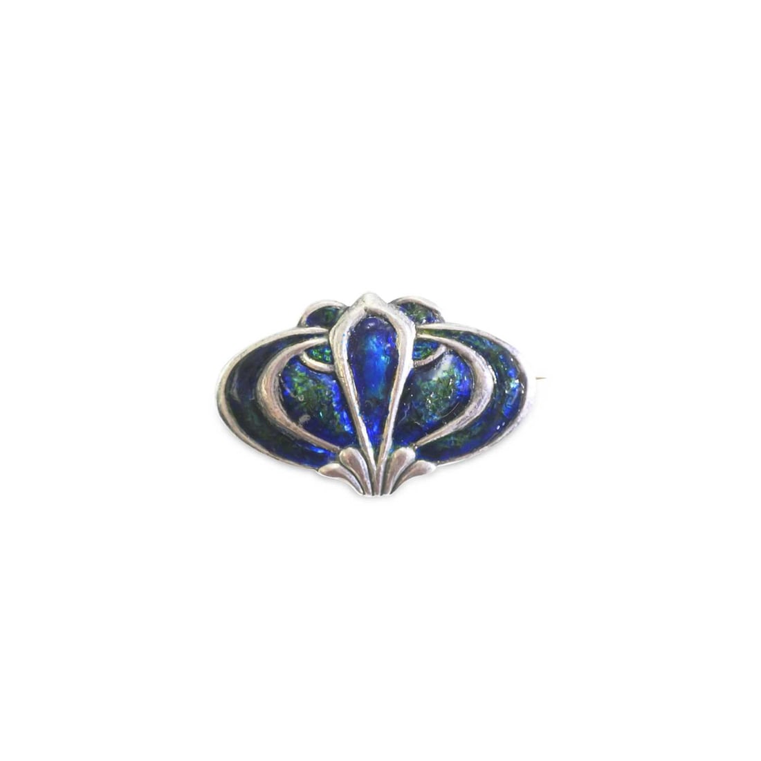 A LIBERTY & CO ART NOUVEAU SILVER AND ENAMEL BROOCH: A LIBERTY & CO ART NOUVEAU SILVER AND ENAMEL BROOCH with blue/ green enamel, stamped '925'. 3.8cm by 2.5cm, 10 grams