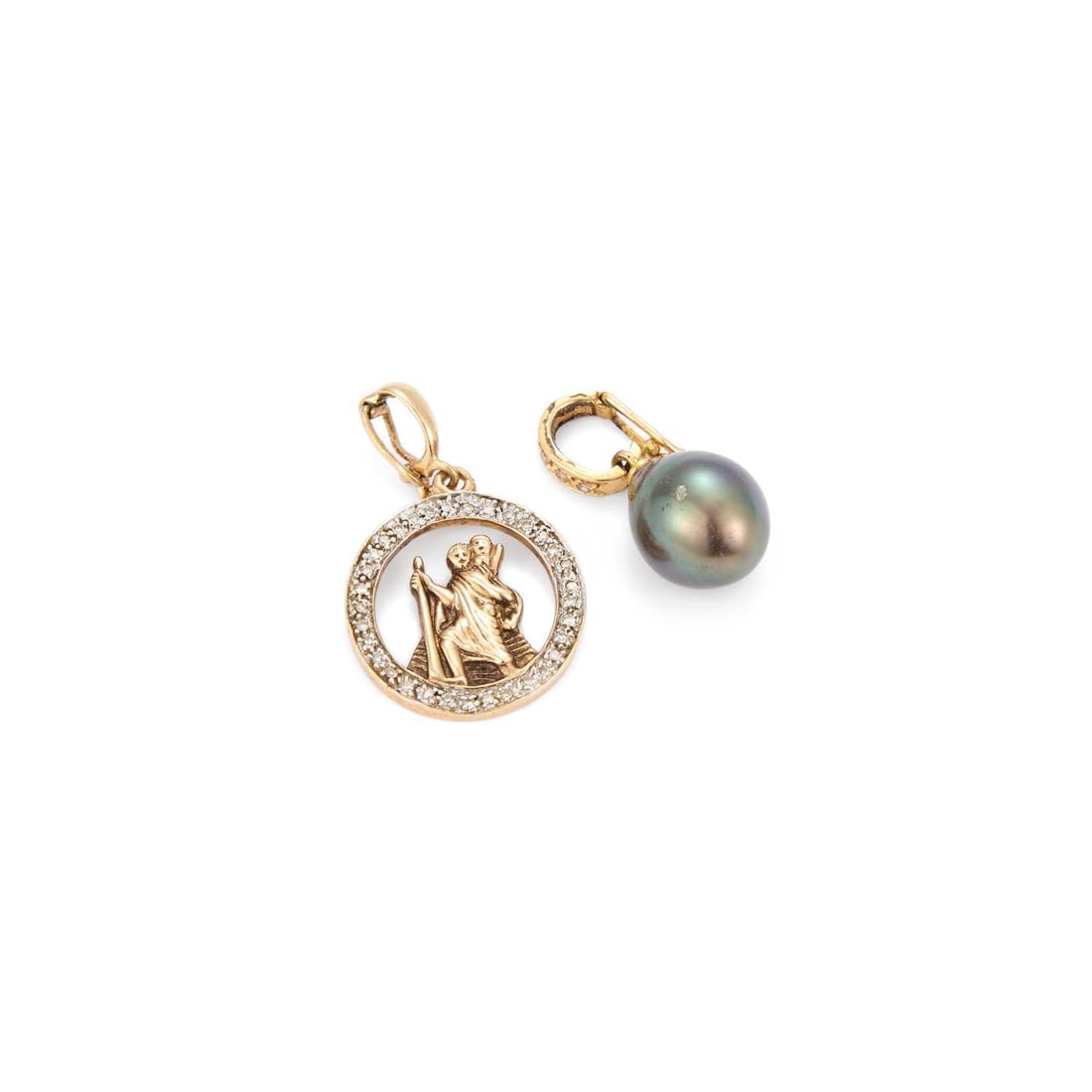 TWO GEM-SET PENDANTS: TWO GEM-SET PENDANTS comprising a black pearl and diamond pendant, the bale set with four round brilliant-cut diamonds, suspending a pear shaped pearl, stamped '10k'; together with a diamond-set St Ch