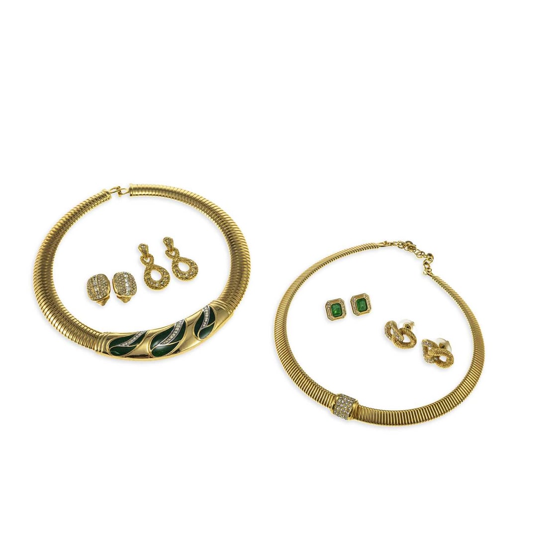 A GROUP OF CHRISTIAN DIOR COSTUME JEWELLERY: A GROUP OF CHRISTIAN DIOR COSTUME JEWELLERY including a pair of rhinestone clip-on earrings, stamped marks; a green enamel and rhinestone collar necklace, stamped marks; a pair of paste faux emerald a
