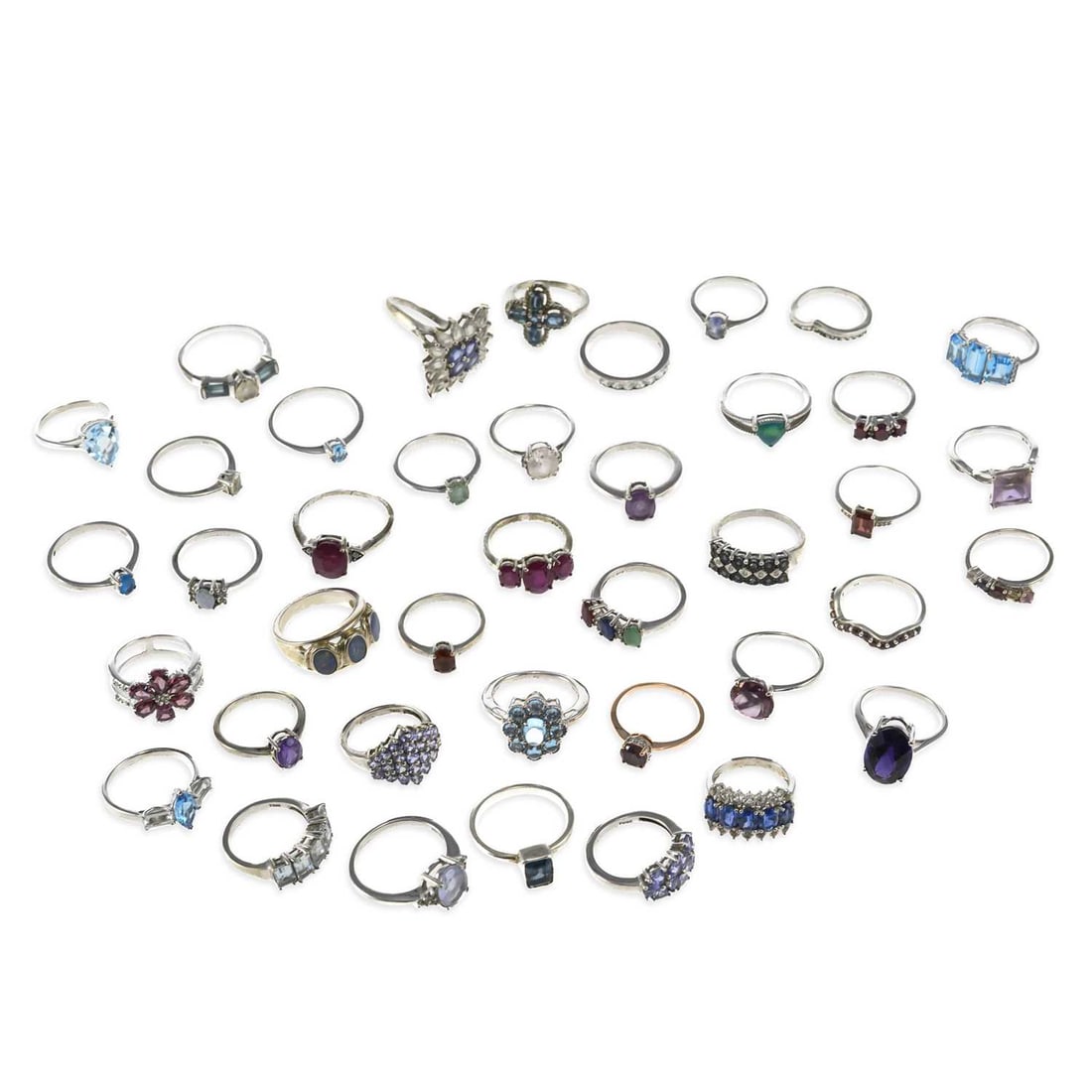 A COLLECTION OF GEM-SET RINGS: A COLLECTION OF GEM-SET RINGS including examples set with amethyst, blue topaz, tanzanite, opal, etc. (40) Ring sizes U and smaller, 124.3 grams gross