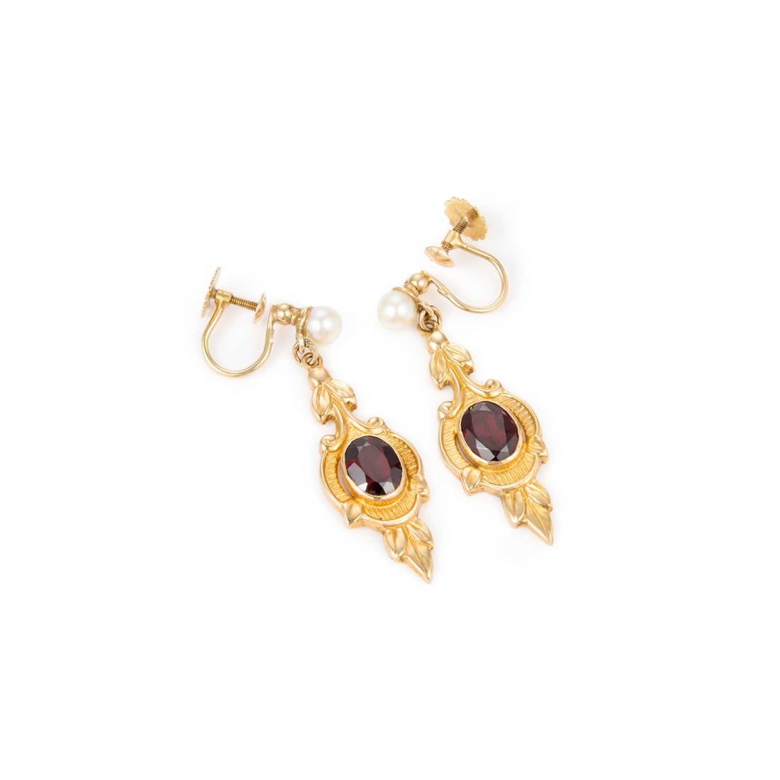 A PAIR OF 9 CARAT GOLD ANTIQUE-STYLE GARNET AND CULTURED PEARL PENDANT EARRINGS: A PAIR OF 9 CARAT GOLD ANTIQUE-STYLE GARNET AND CULTURED PEARL PENDANT EARRINGS oval-cut garnets within fancy pendant drop frames, suspended from cultured pearl surmounts, hallmarked Deakin & Fran