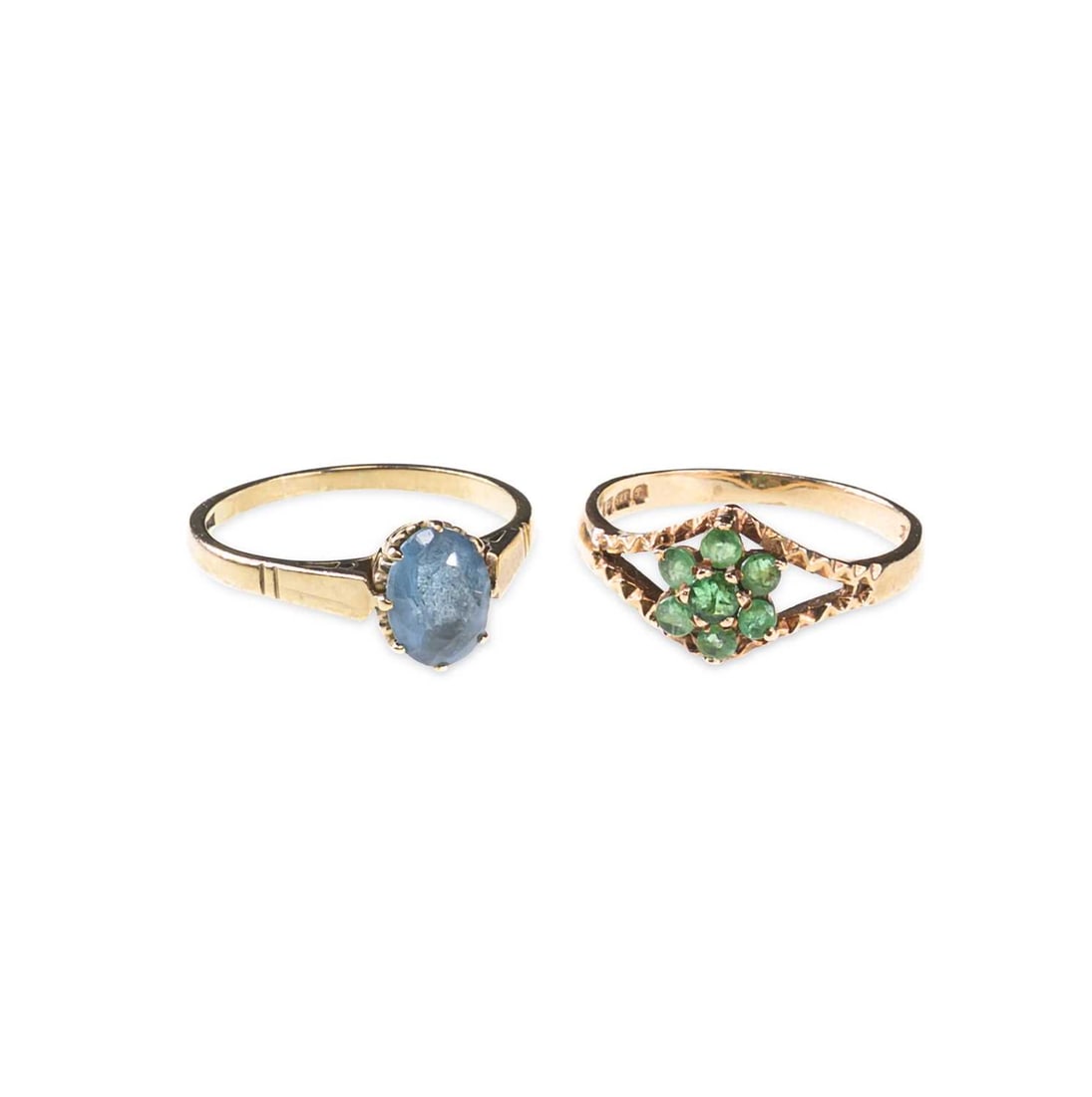TWO 9 CARAT GOLD GEM-SET RINGS: TWO 9 CARAT GOLD GEM-SET RINGS comprising an emerald cluster ring, hallmarked; and an oval-cut sapphire ring, hallmarked. (2) Ring sizes N and O, 4.6 grams gross Good condition