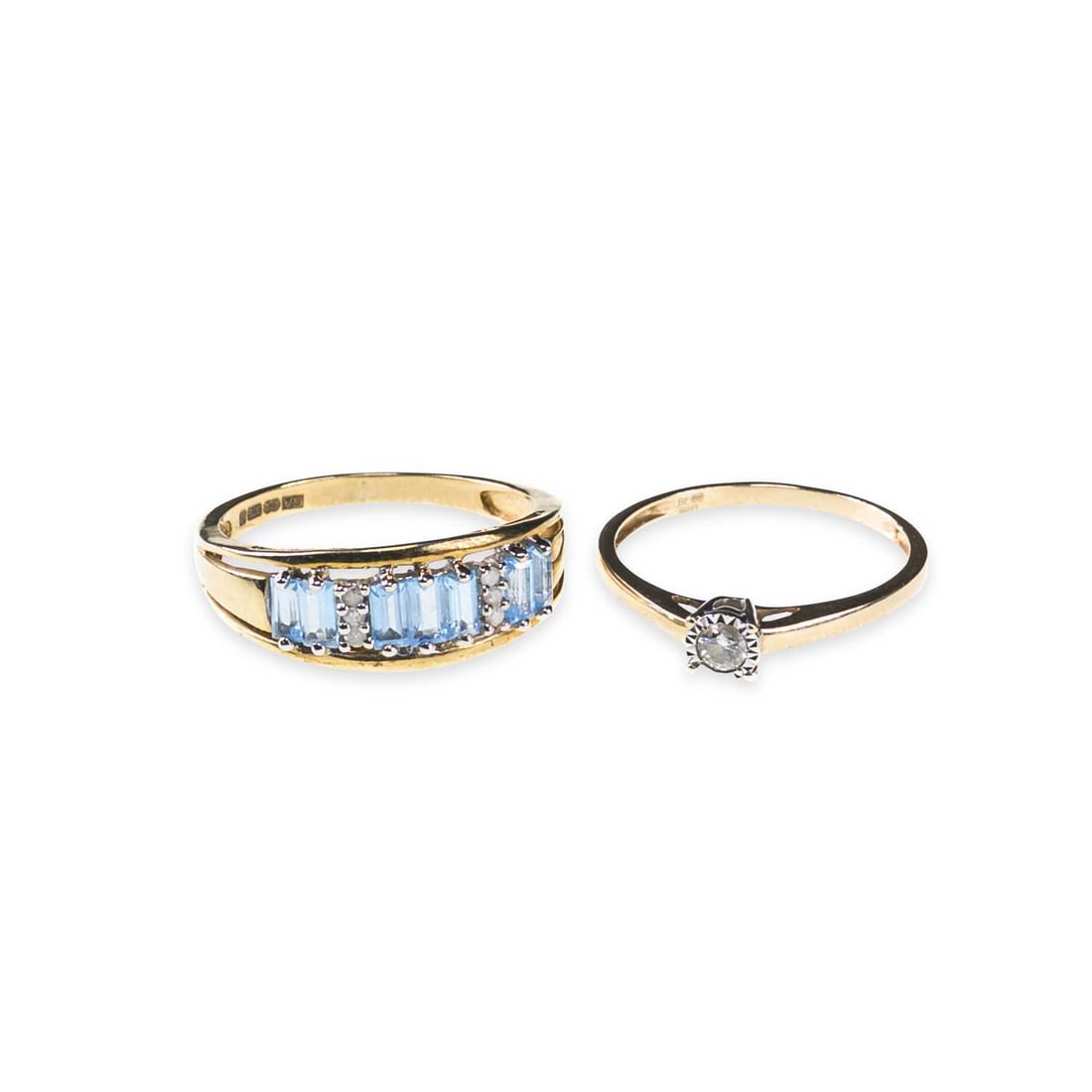 TWO 9 CARAT GOLD GEM-SET RINGS: TWO 9 CARAT GOLD GEM-SET RINGS comprising a solitaire diamond ring, hallmarked; and a blue topaz and diamond ring, hallmarked. (2) First stated diamond weight 0.10 carat, ring sizes O and R, 4.4 grams