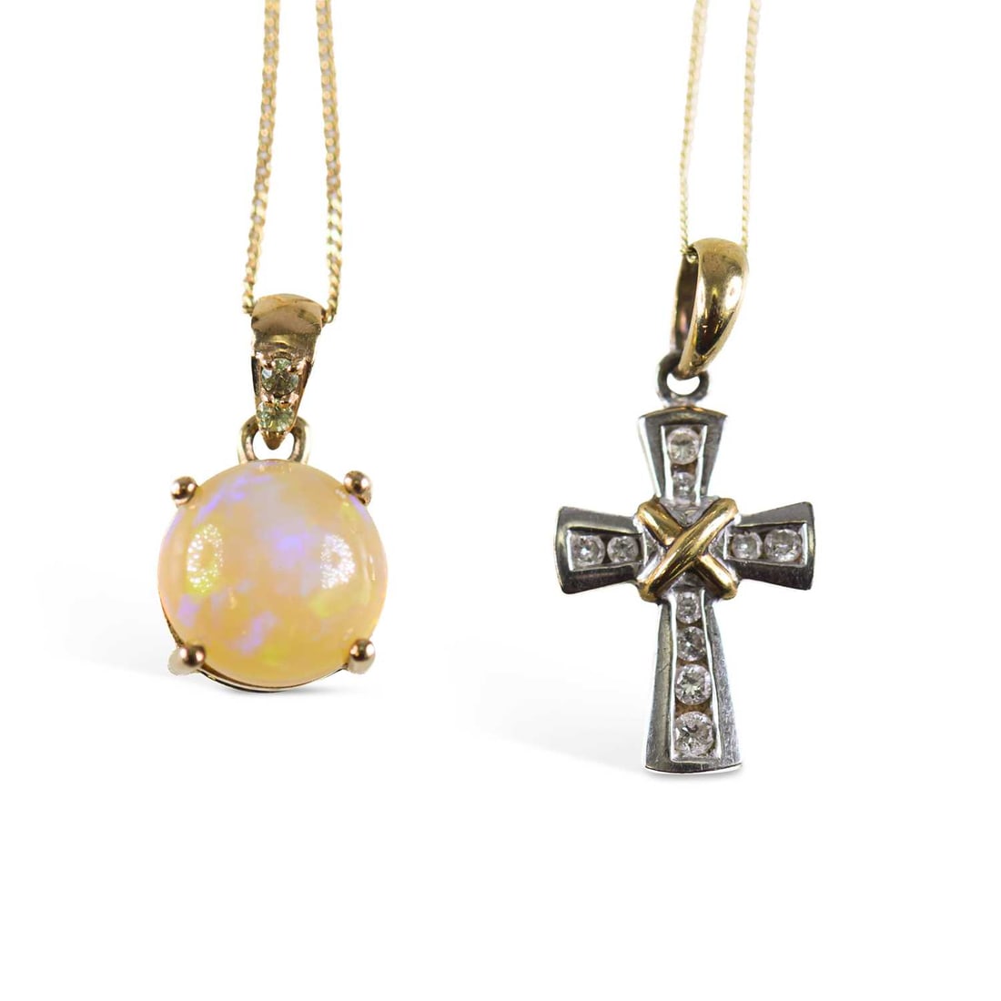 TWO 9 CARAT GOLD GEM-SET PENDANTS ON CHAINS: TWO 9 CARAT GOLD GEM-SET PENDANTS ON CHAINS comprising an opal pendant with gem-set bail, stamped '10K', on a fine chain; and a 9 carat gold diamond cross pendant, on a fine chain. (2) 2cm long and sm