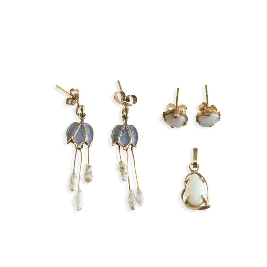 A GROUP OF GEM-SET JEWELLERY: A GROUP OF GEM-SET JEWELLERY comprising a pair of enamel and pearl pendant earrings; a pair of opal stud earrings, with post fittings; and an opal pendant. (3) 3cm long and smaller, 4 grams gross Good