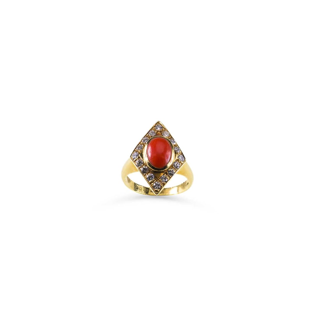 AN 18 CARAT GOLD CORAL AND DIAMOND CLUSTER RING: AN 18 CARAT GOLD CORAL AND DIAMOND CLUSTER RING an oval coral within a lozenge-shaped border of round brilliant-cut diamonds, hallmarked London 1981. Estimated total diamond weight 0.50, ring size O, 